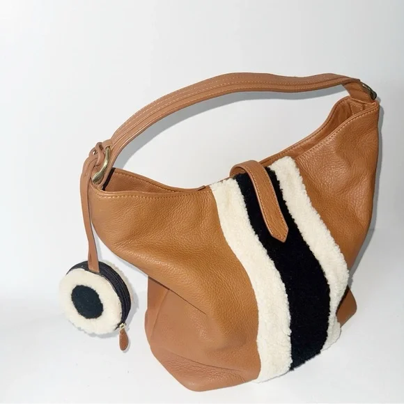 Clever Carriage Tan Leather Hobo Bag Shearling Detail EarPod Case Cowboy Rodeo - Picture 5 of 14